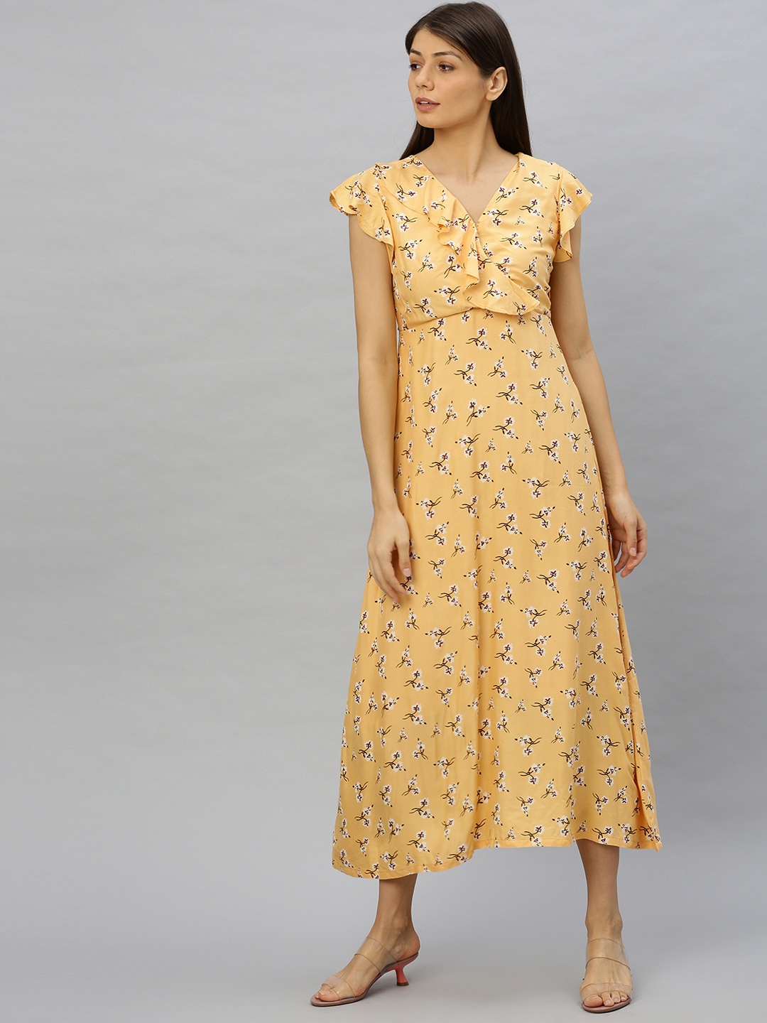 

HERE&NOW Women Peach-Coloured & White Printed Wrap Dress With Ruffles & Cap Sleeves