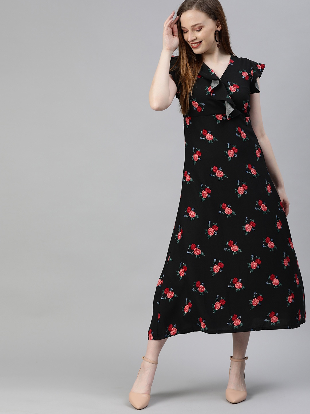 

HERE&NOW Women Black & Red Floral Printed Ruffled Wrap Dress