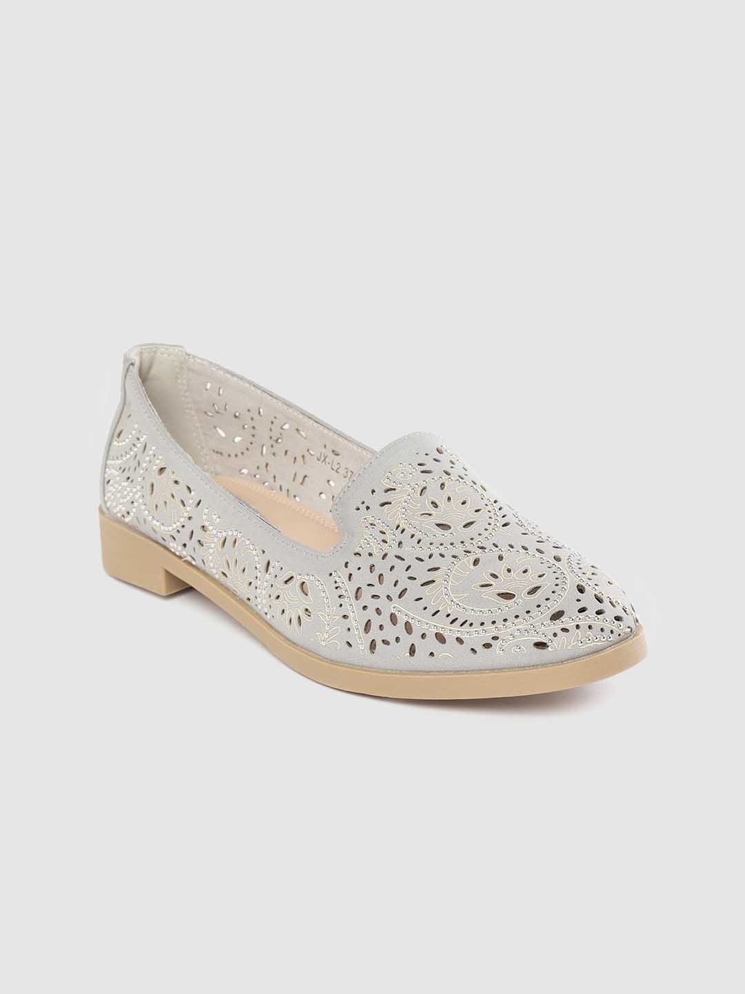 

Lavie Women Grey & Off-White Laser Cut & Studded Slip-Ons