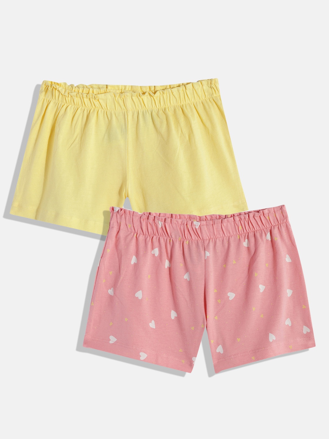 

mothercare Girls Set Of 2 Printed & Solid Regular Fit Mid-Rise Knitted Pure Cotton Shorts, Yellow