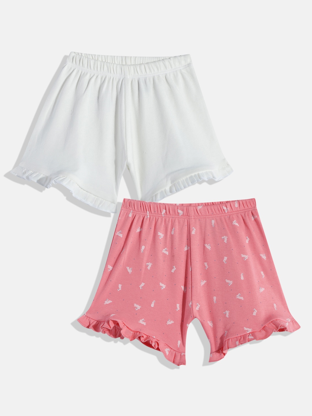 

mothercare Girls Set Of 2 Printed & Solid Regular Fit Mid-Rise Knitted Pure Cotton Shorts, Pink