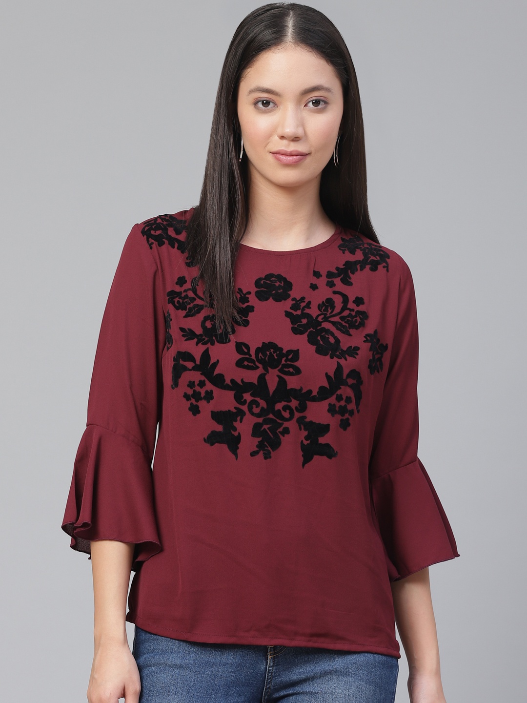 

plusS Women Maroon & Black Floral Print Top