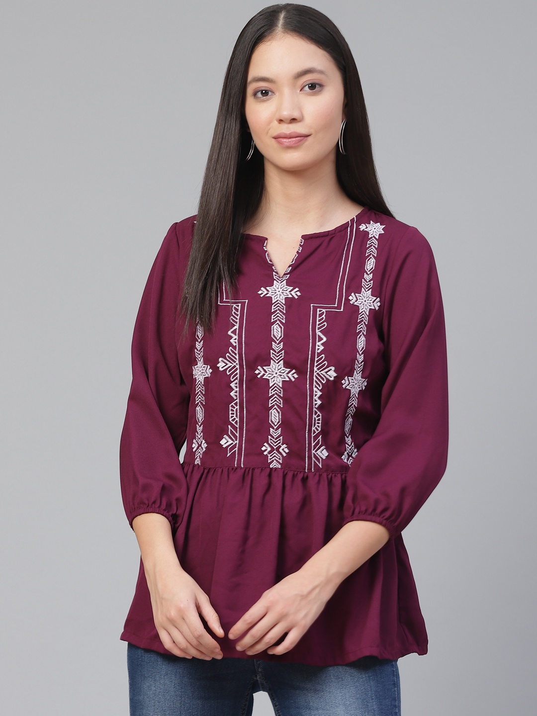 

plusS Women Burgundy Embroidered Peplum Top