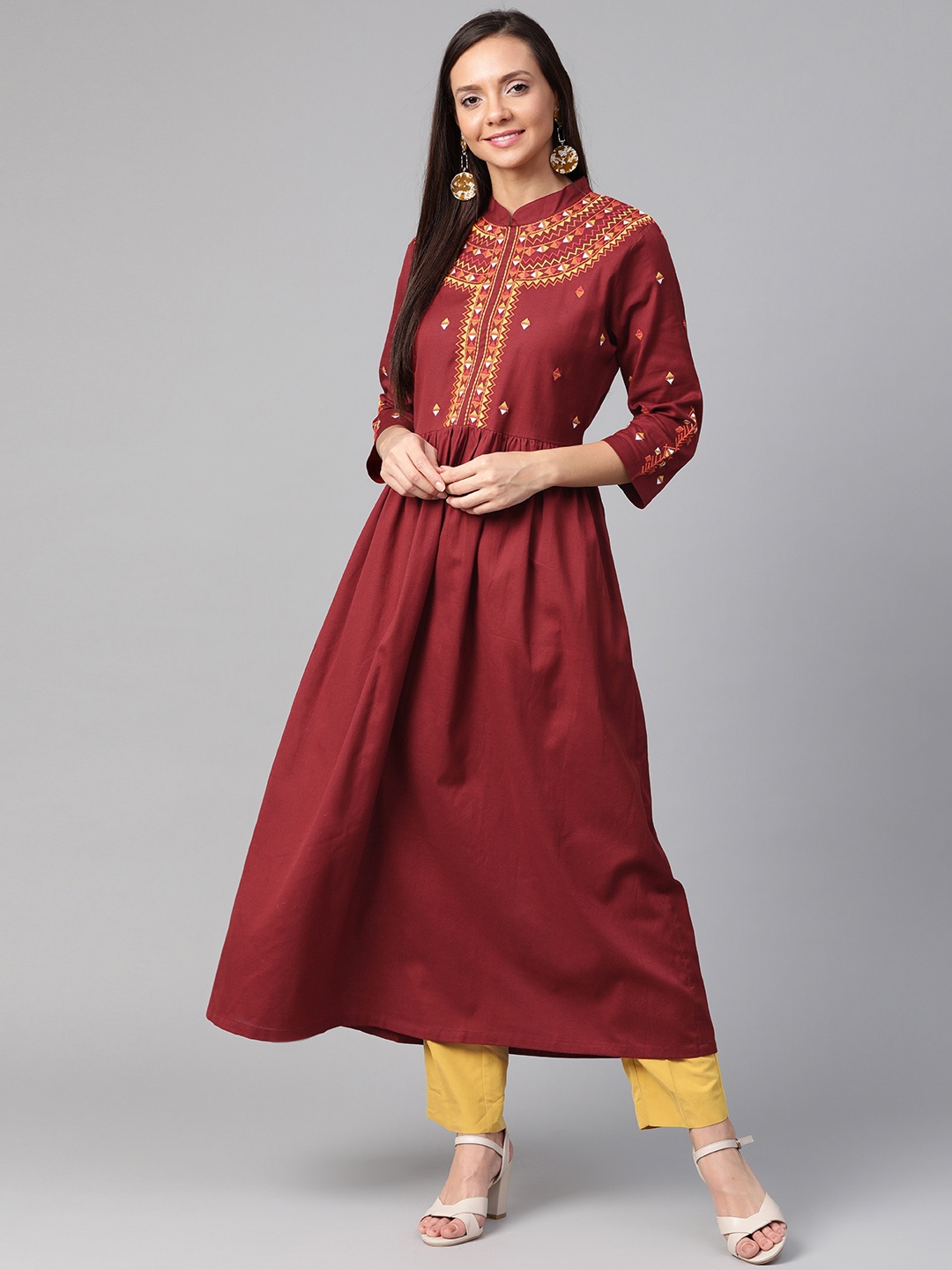 

plusS Women Maroon & Yellow Yoke Design A-Line Kurta