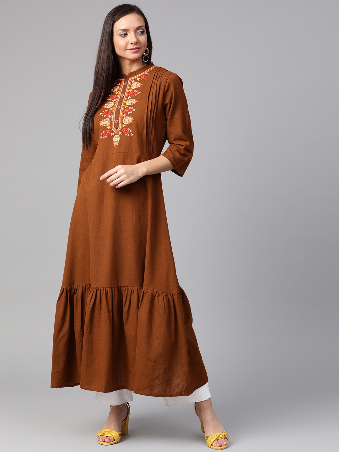 

plusS Women Brown Yoke Design A-Line Kurta