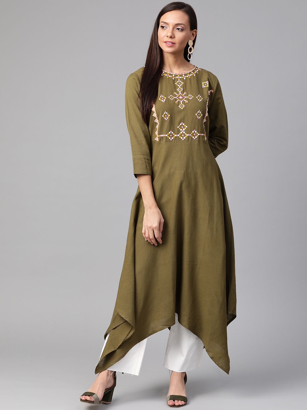 

plusS Women Olive Green Yoke Design Asymmetric A-Line Kurta