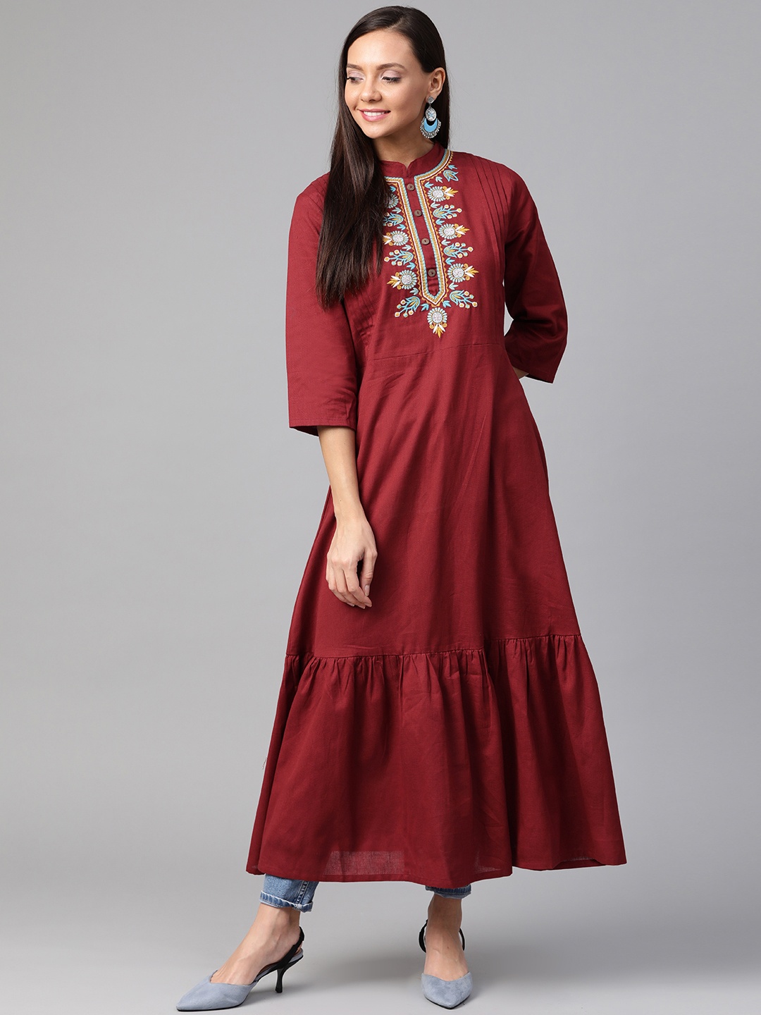 

plusS Women Maroon Yoke Design A-Line Kurta