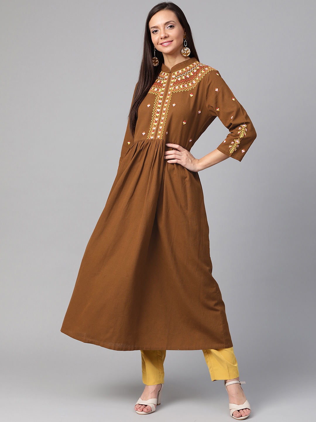 

plusS Women Brown Embroidered Detail A-Line Kurta