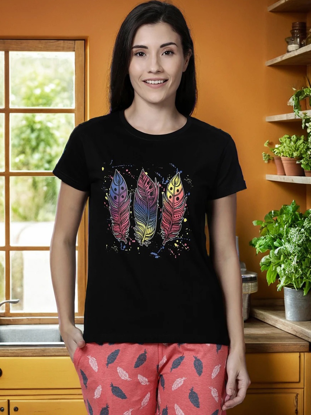 

Kryptic Women Black Printed Round Neck Pure Cotton Lounge T-shirt