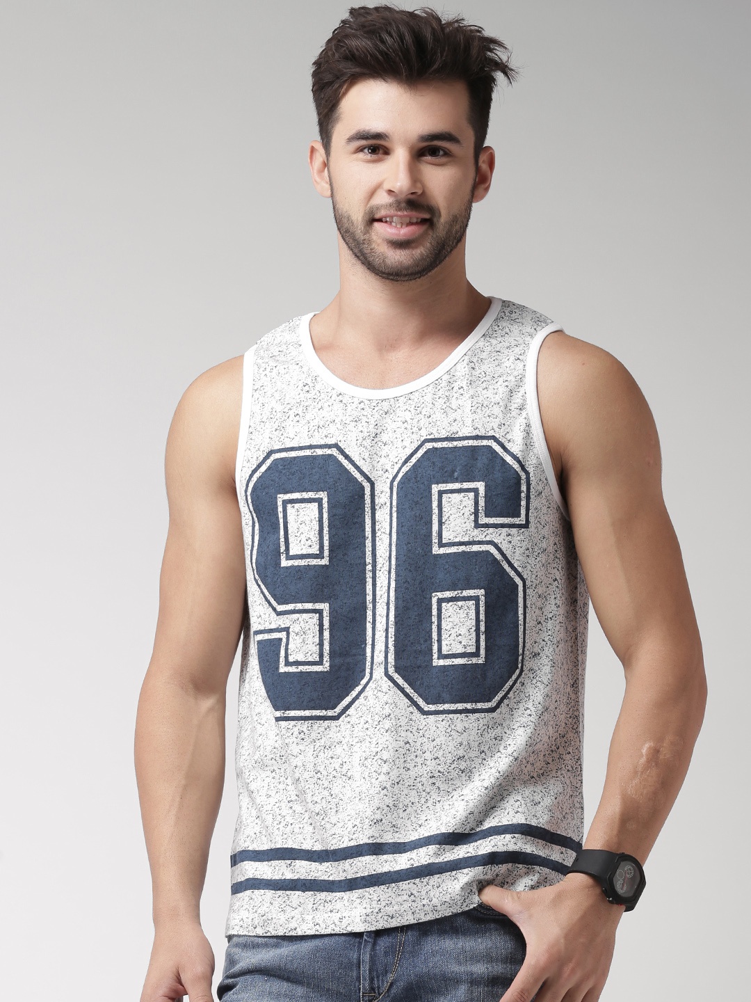 

Moda Rapido White Navy Printed Sleeveless Pure Cotton T-shirt