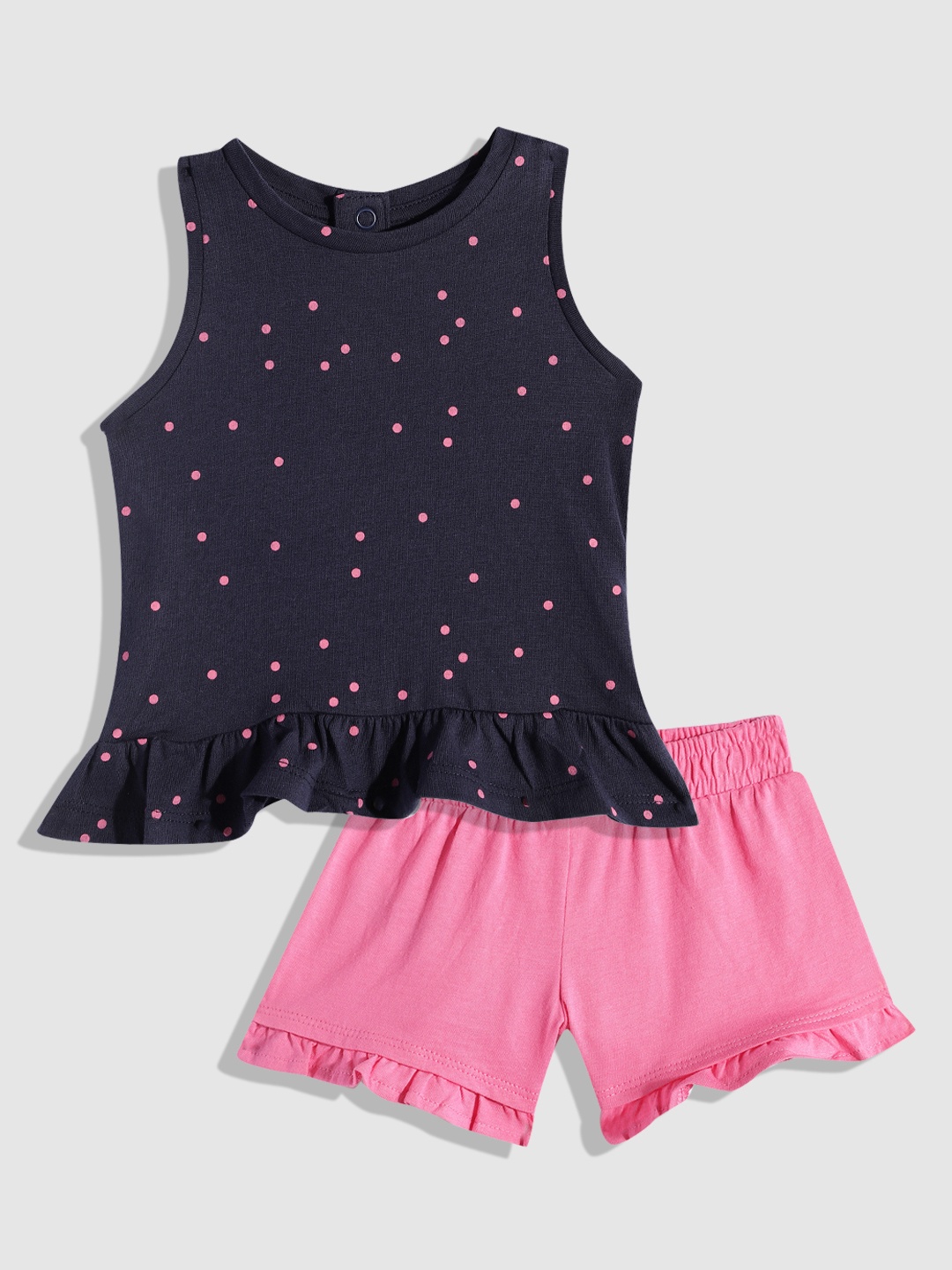 

mothercare Girls Mini Polka Dots Print Ruffles Knitted Pure Cotton Top with Shorts, Navy blue