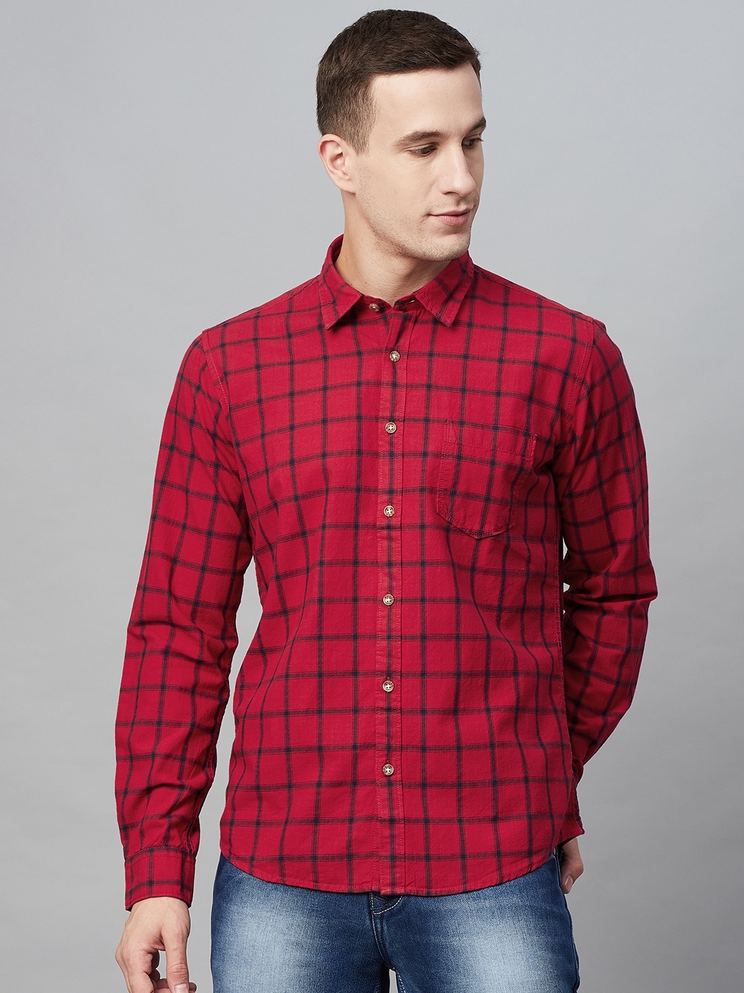 

BEAT LONDON by PEPE JEANS Men Red & Navy Blue Slim Fit Checked Casual Shirt