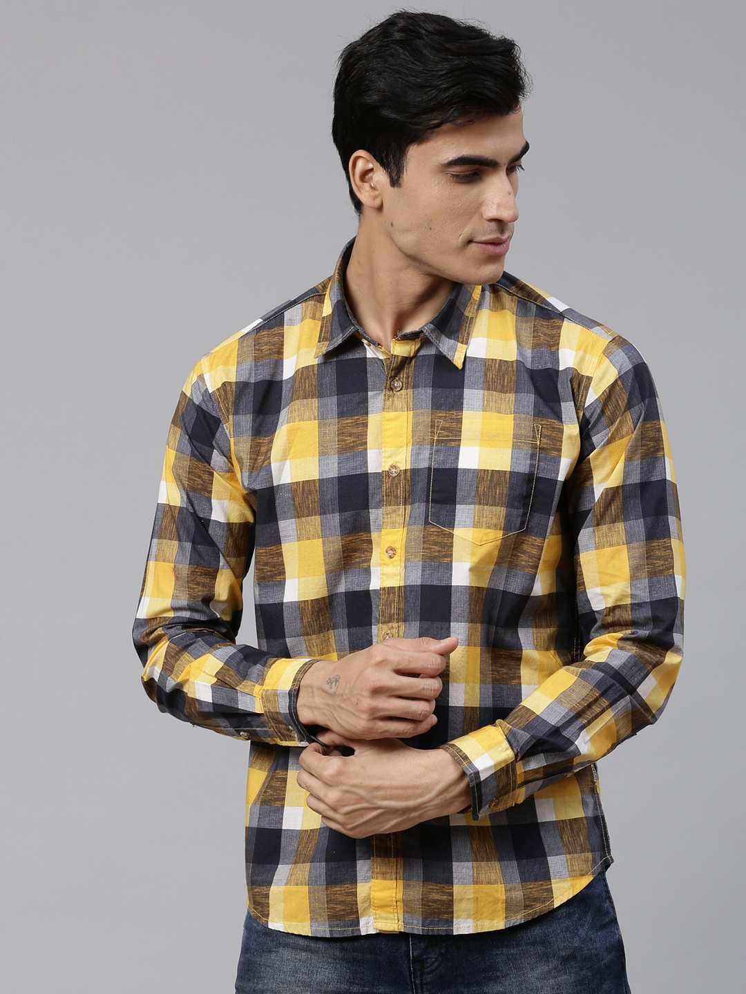 

BEAT LONDON by PEPE JEANS Men Mustard Yellow & Charcoal Grey Slim Fit Checked Casual Shirt