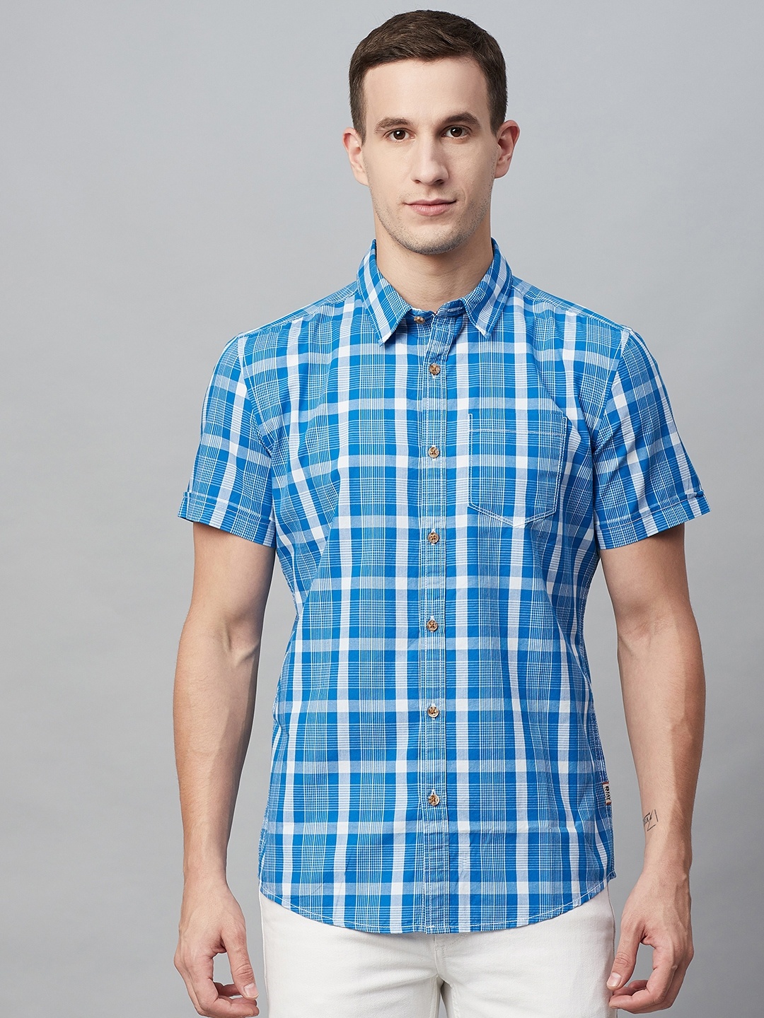

BEAT LONDON by PEPE JEANS Men Blue & White Slim Fit Checked Casual Shirt