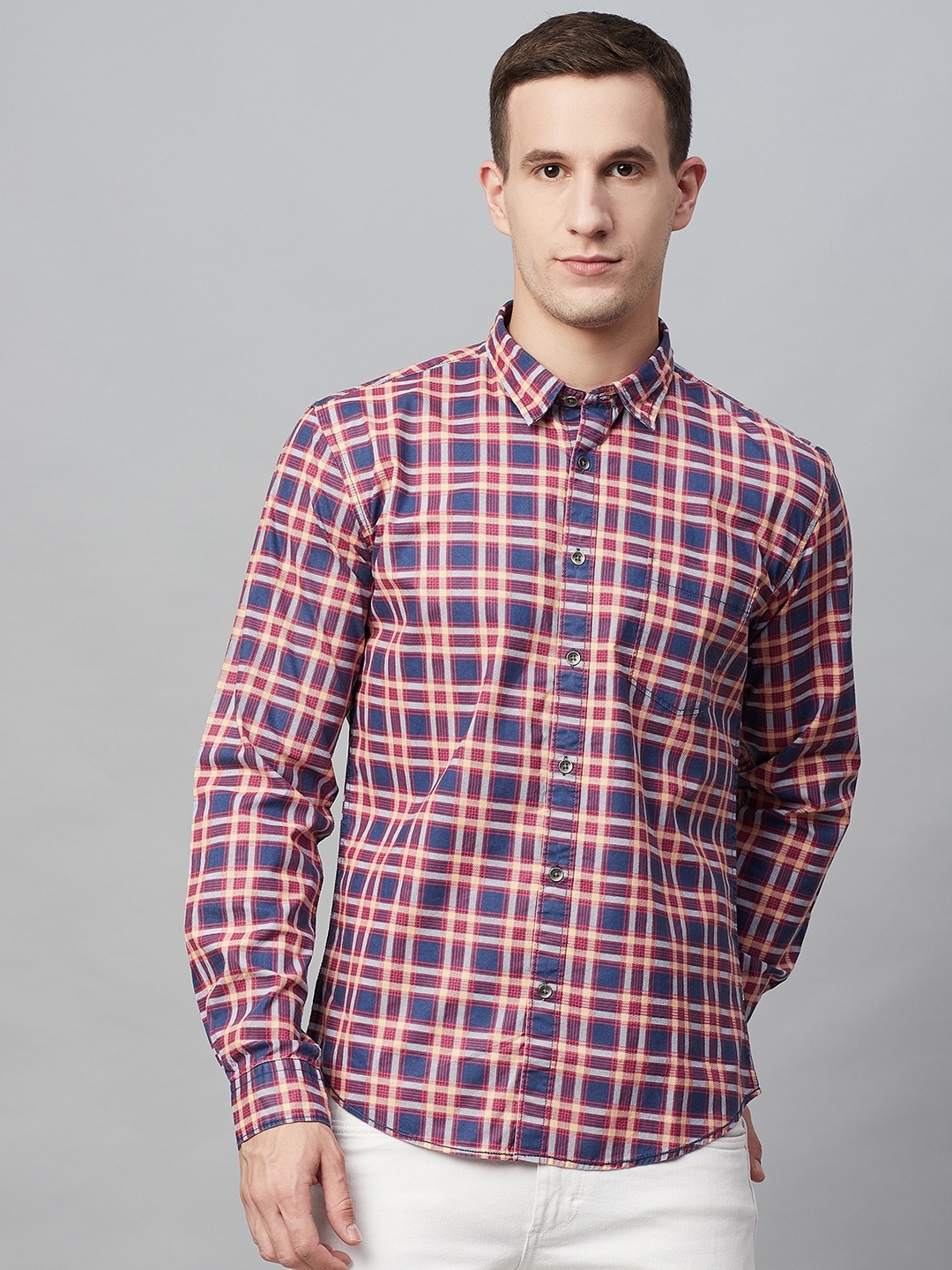 

BEAT LONDON by PEPE JEANS Men Blue & Red Slim Fit Checked Casual Shirt