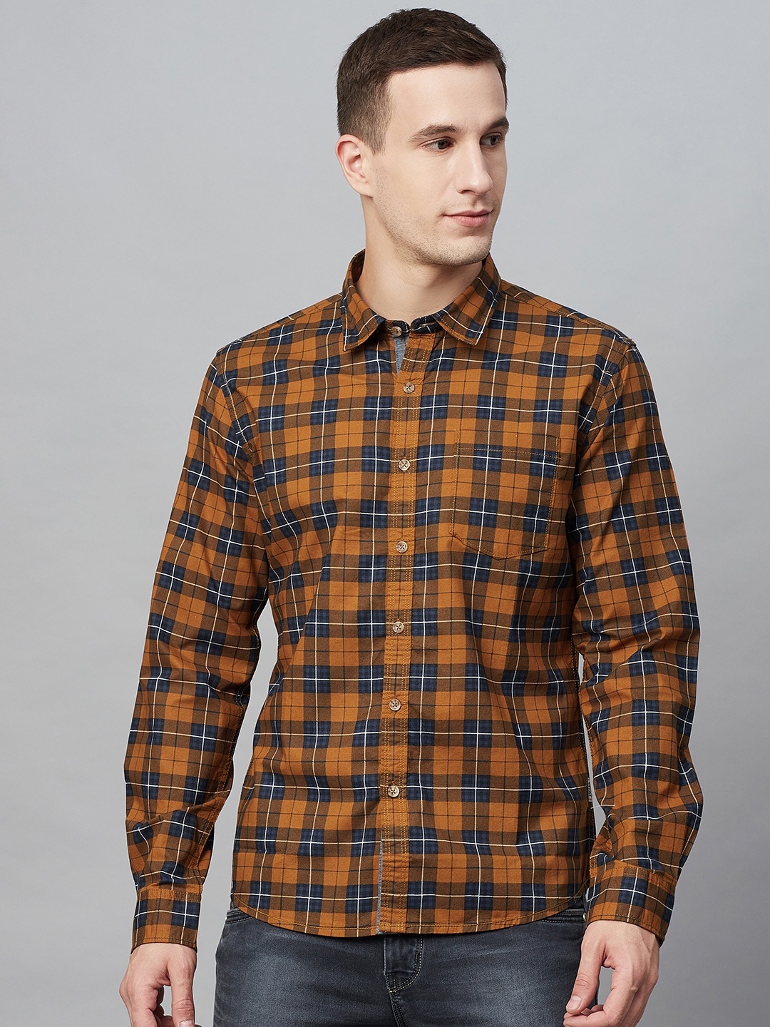

BEAT LONDON by PEPE JEANS Men Mustard Brown & Blue Slim Fit Checked Casual Shirt