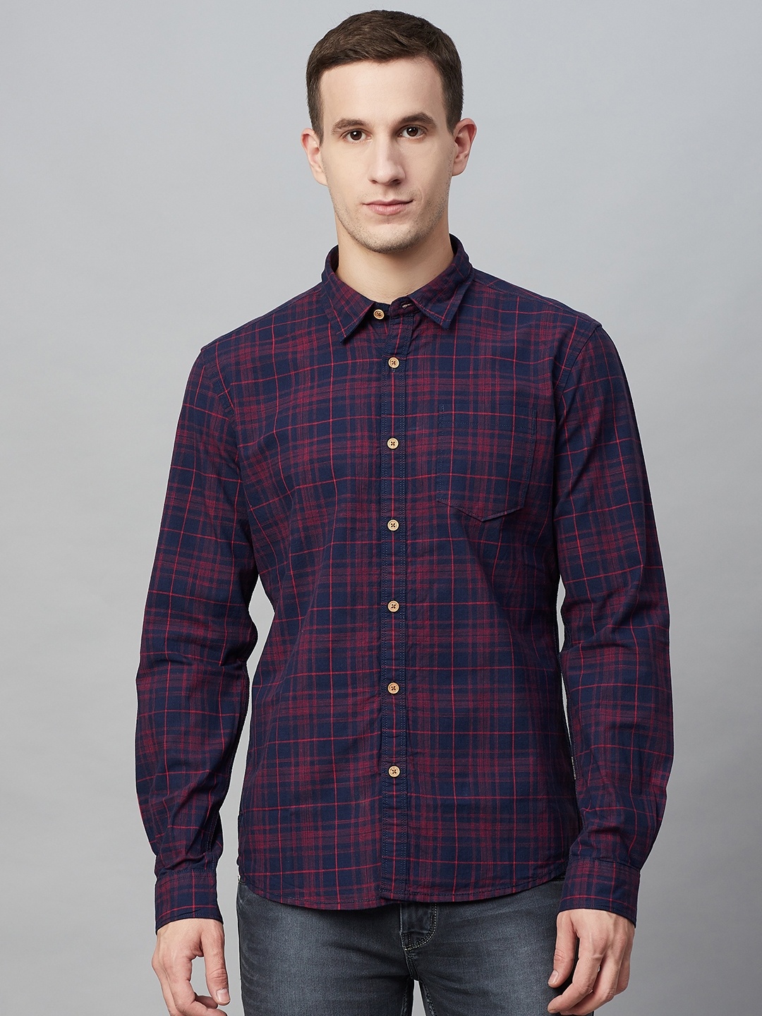 BEAT LONDON by PEPE JEANS Men Navy Blue & Maroon Slim Fit Checked Casual Shirt