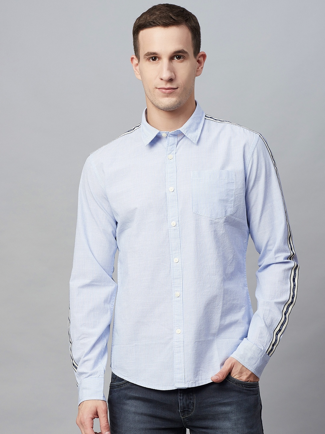 

BEAT LONDON by PEPE JEANS Men Blue Slim Fit Striped Casual Shirt