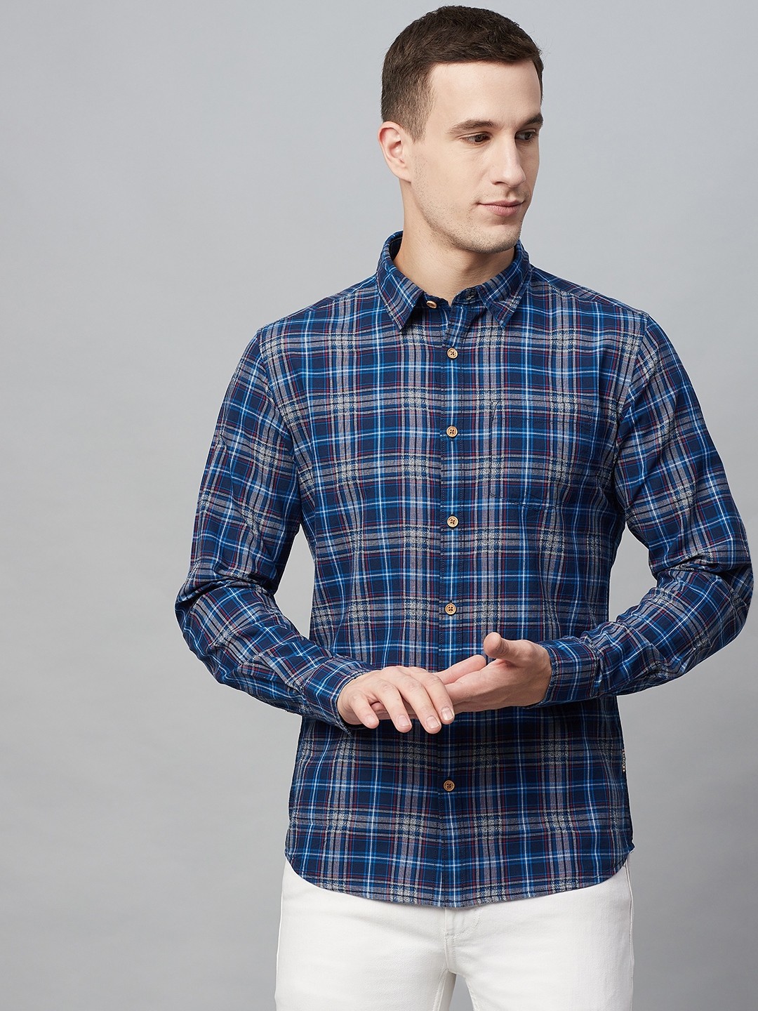 

BEAT LONDON by PEPE JEANS Men Blue & Grey Slim Fit Checked Casual Shirt