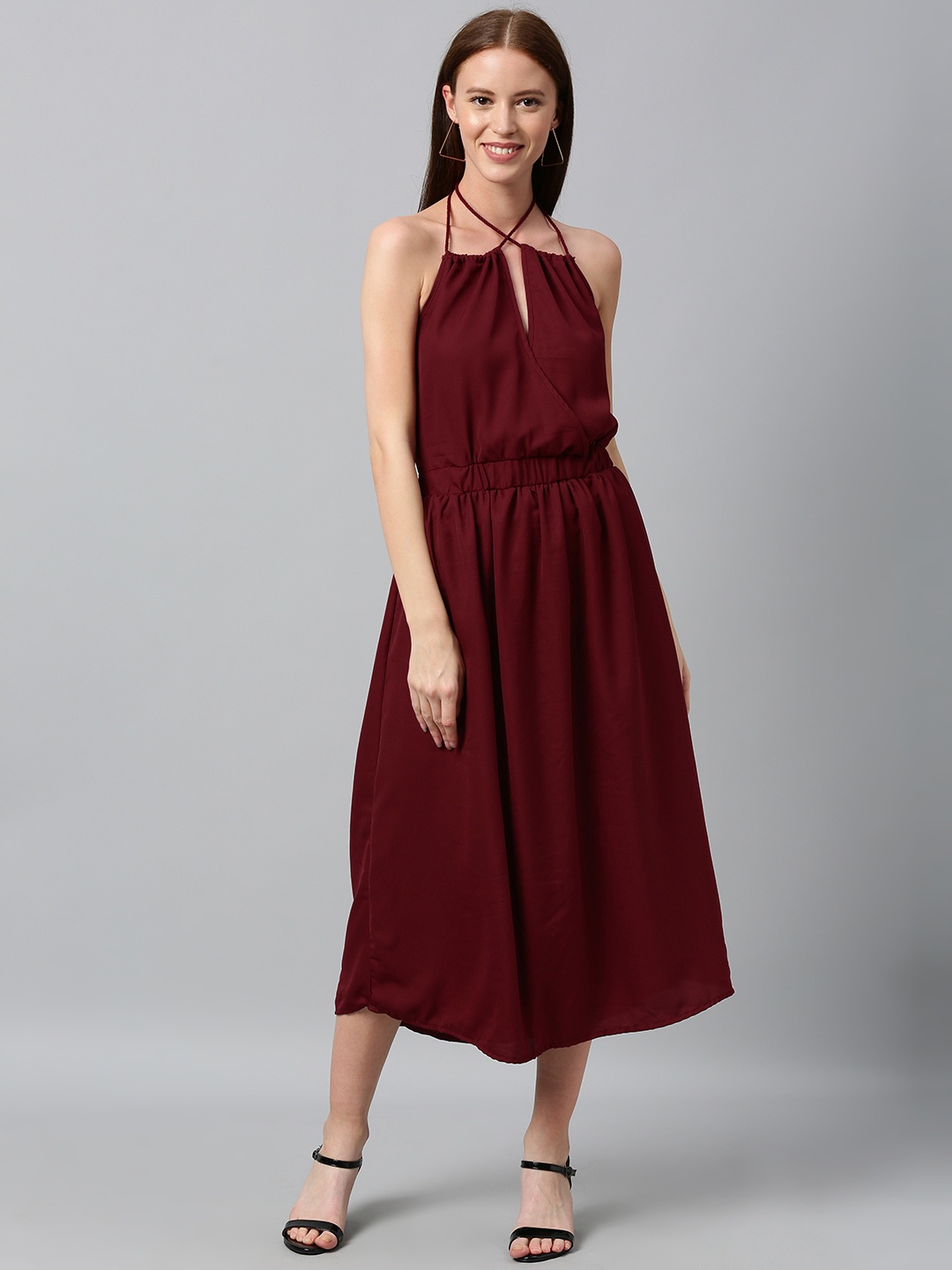 

HERE&NOW Women Maroon Solid Gathered Halter Neck Fit and Flare Dress