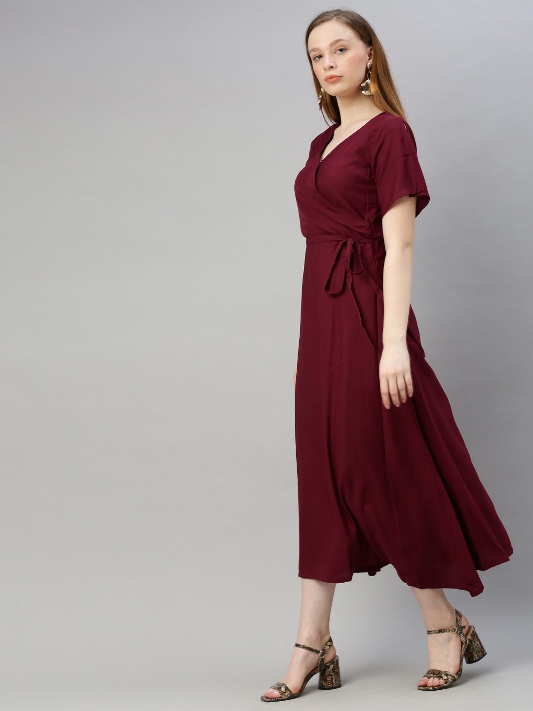 

HERE&NOW Women Burgundy Solid Wrap Dress with Tie-Ups