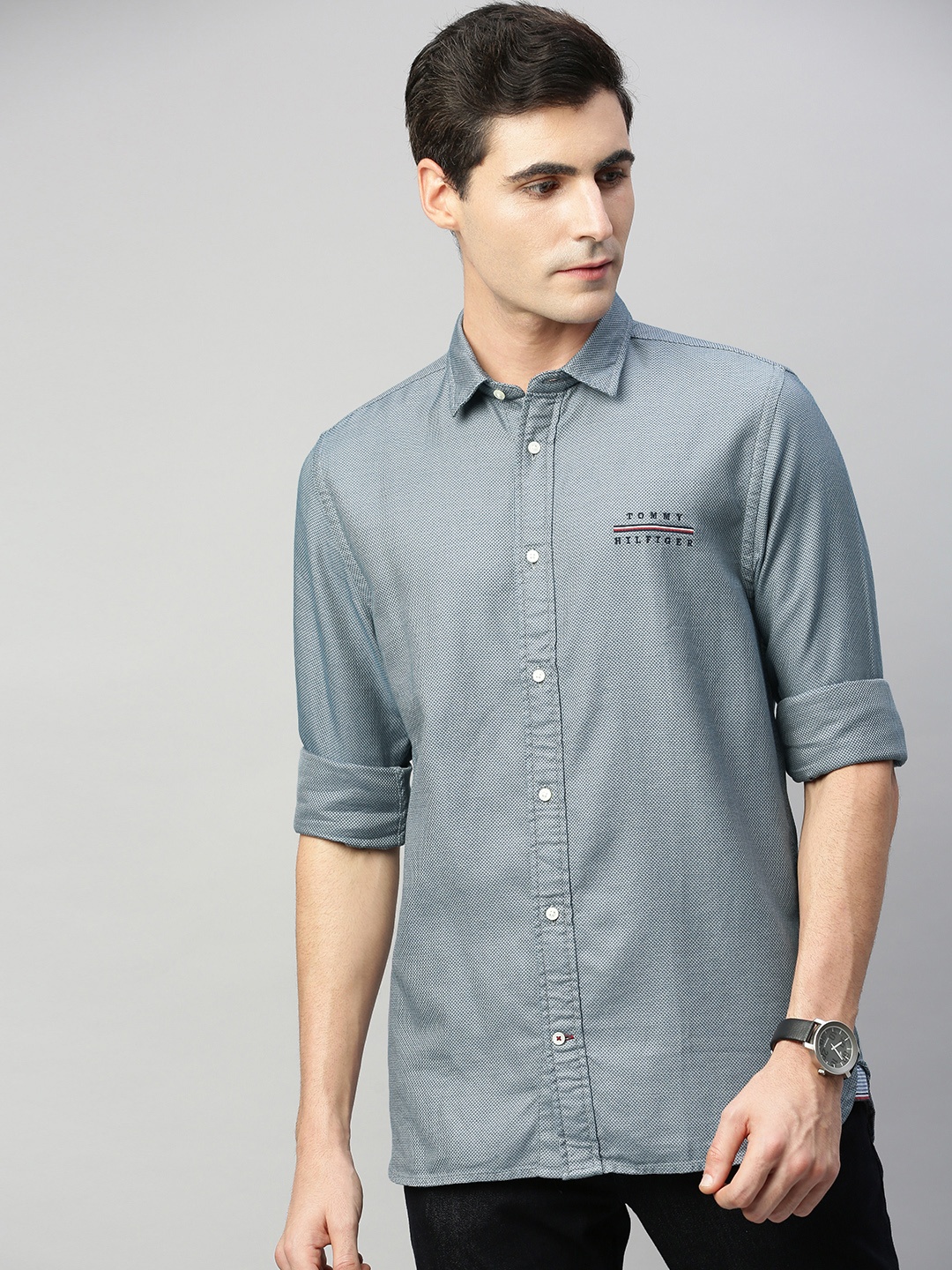 

Tommy Hilfiger Men Grey Regular Fit Self Design Casual Shirt With Printed Detailing