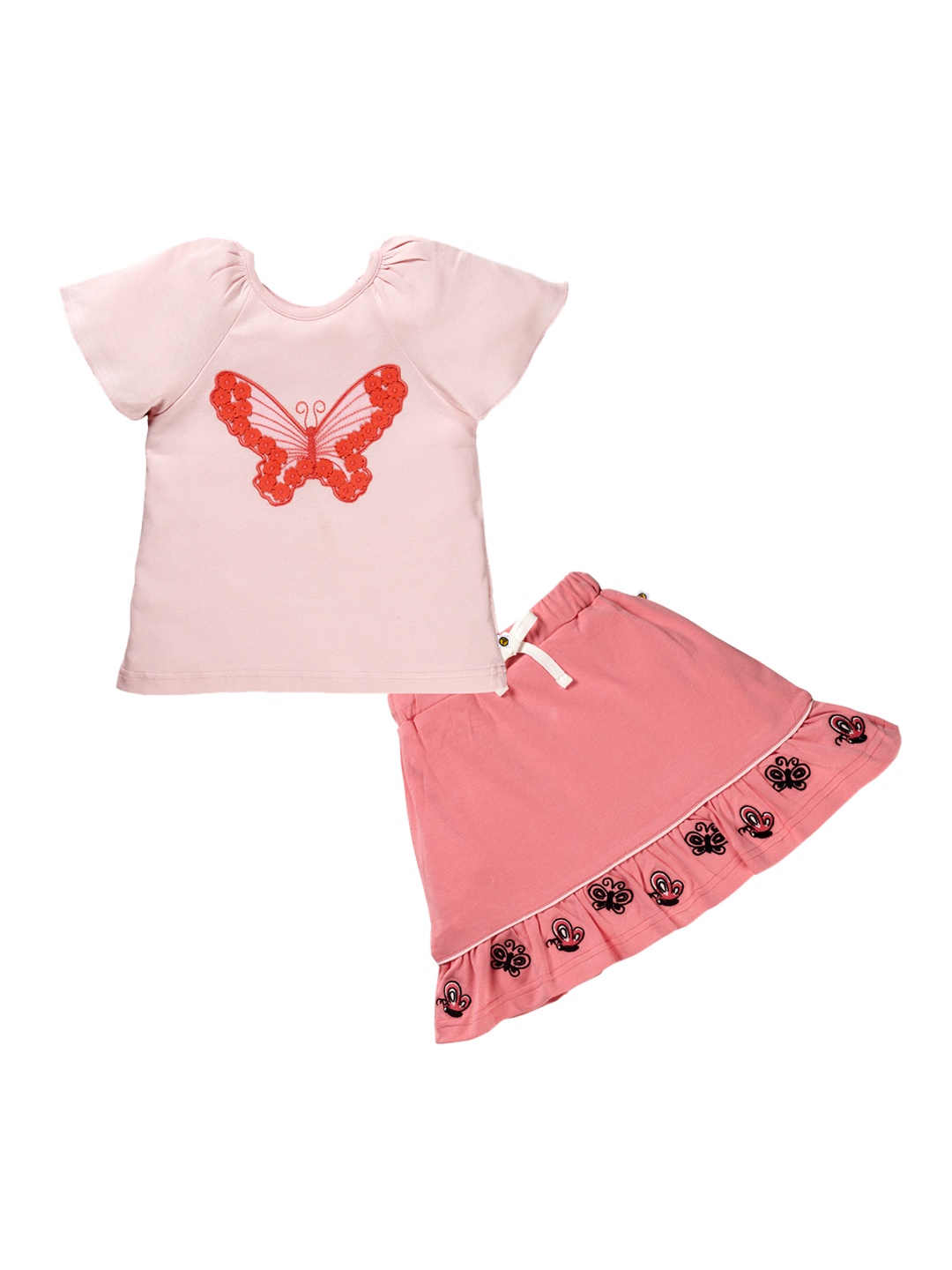 

Pranava Girls Pink & Peach-Coloured Embellished Organic Cotton T-shirt with Skirt
