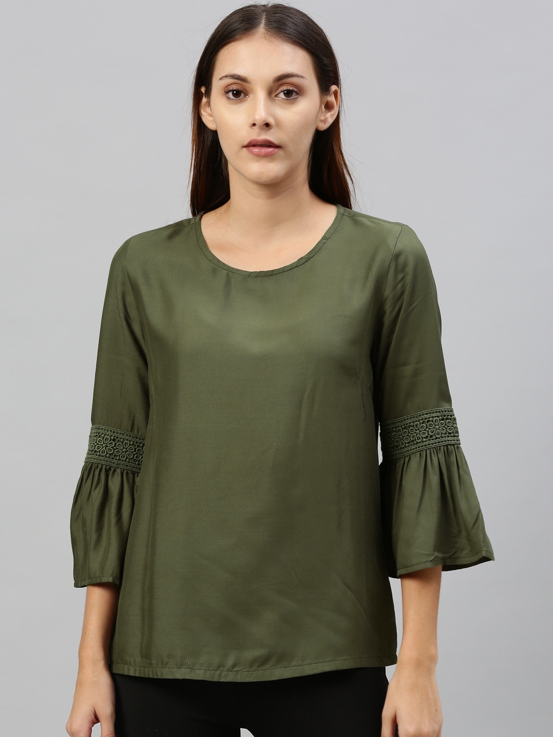 

HERE&NOW Women Olive Green Solid Top With Bell Lace Insert Sleeves