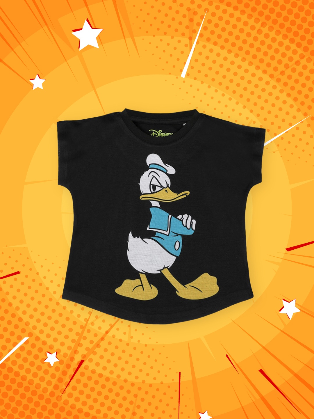 

YK Disney Girls Black Donald Duck Printed Round Neck T-shirt