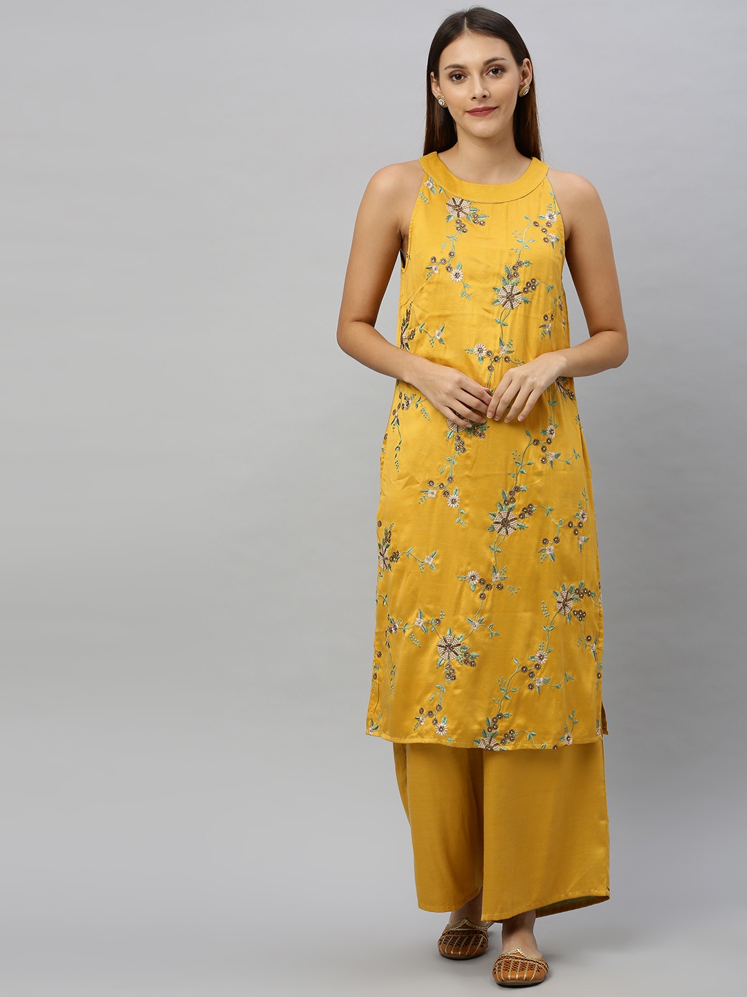 

Anouk Women Mustard Yellow & Green Embroidered Kurta with Palazzos