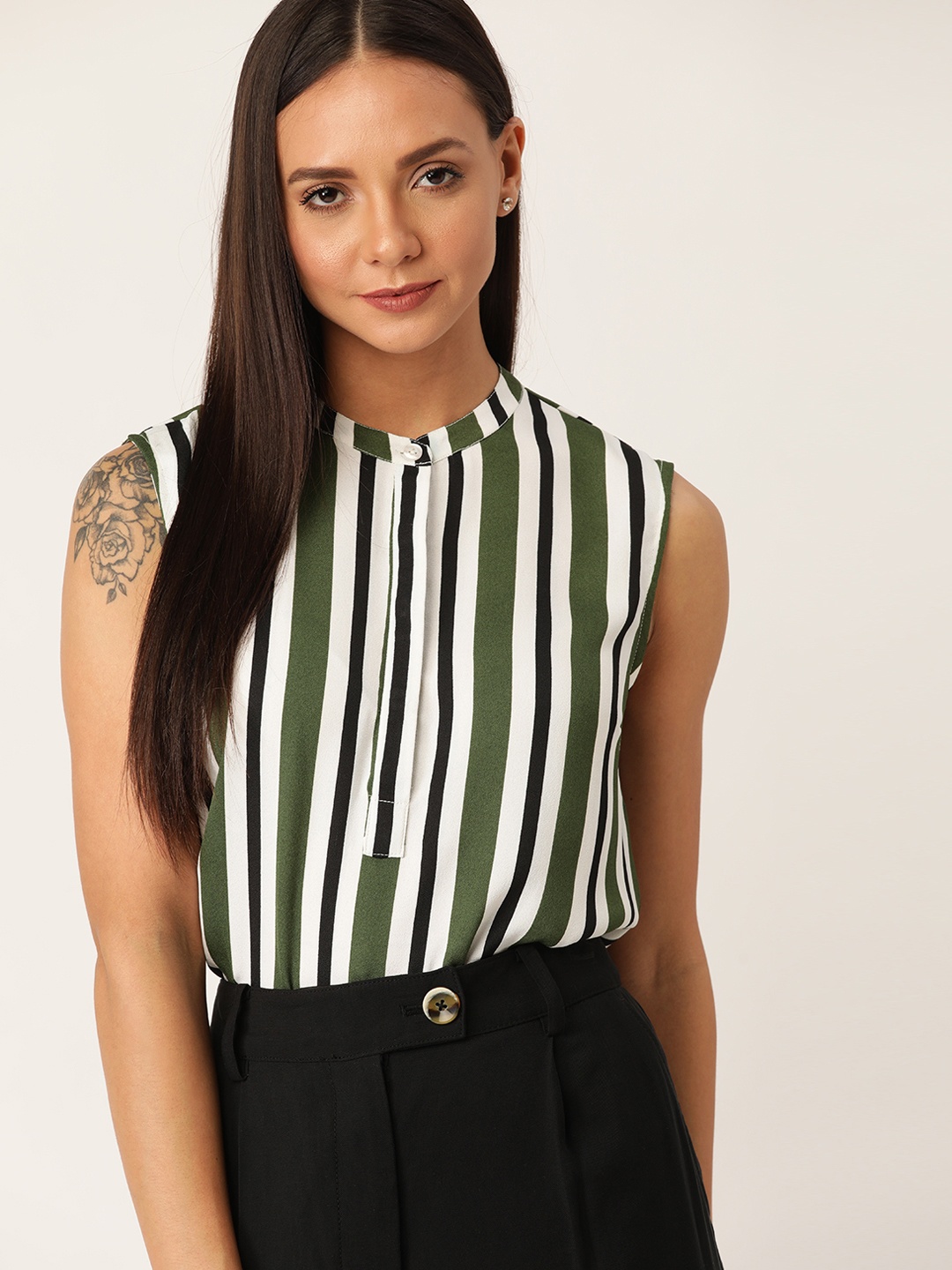 

her by invictus Women White & Olive Green Striped Shirt Style Top