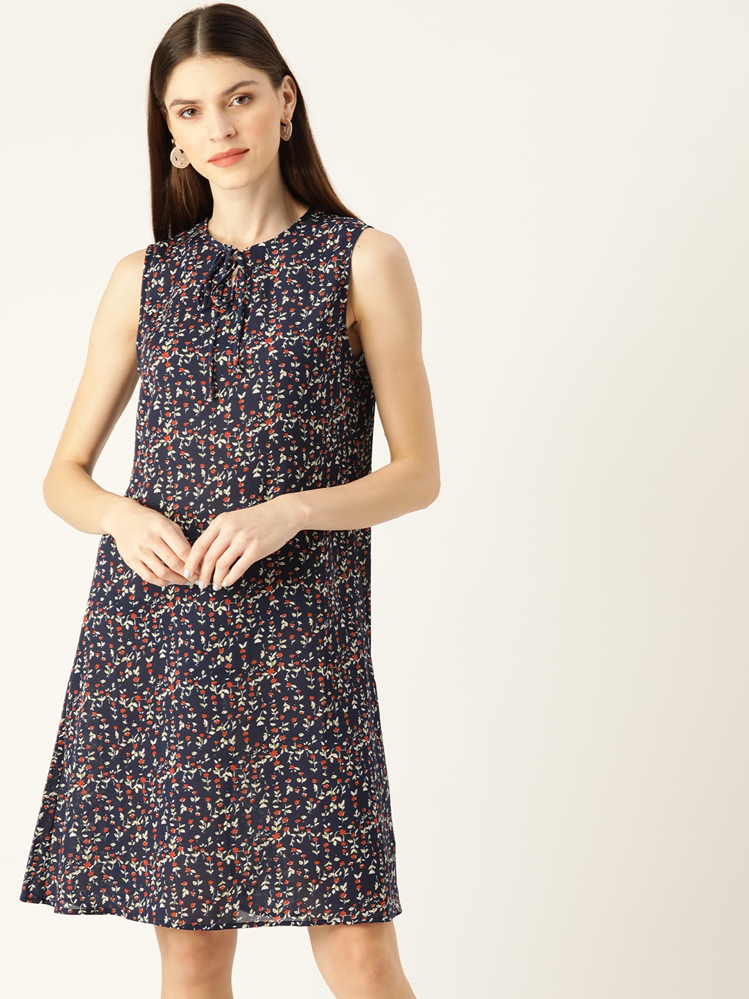 

her by invictus Women Navy Blue & Orange Floral Print A-Line Dress