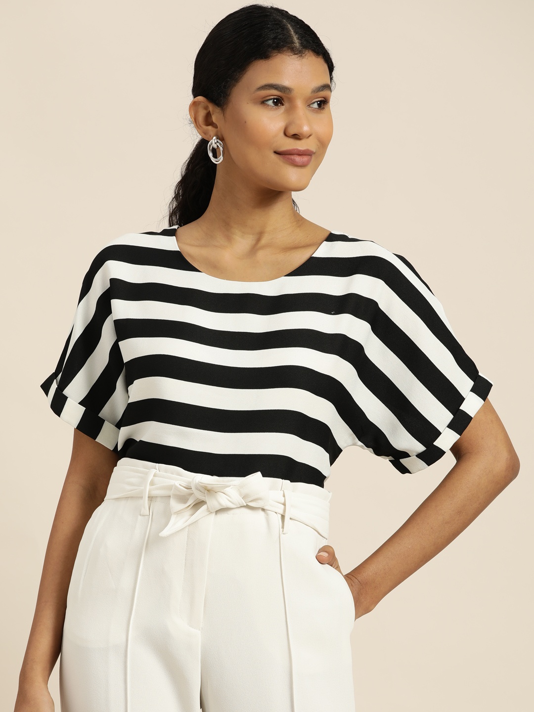 

her by invictus Women Black & White Striped Top