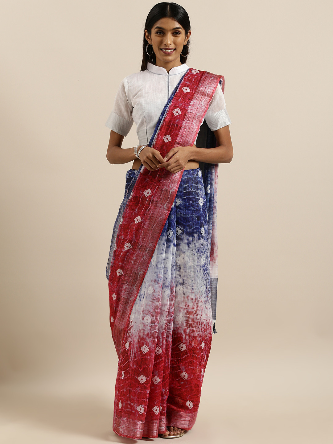 

SHAVYA Navy Blue & Red Linen Blend Printed Saree