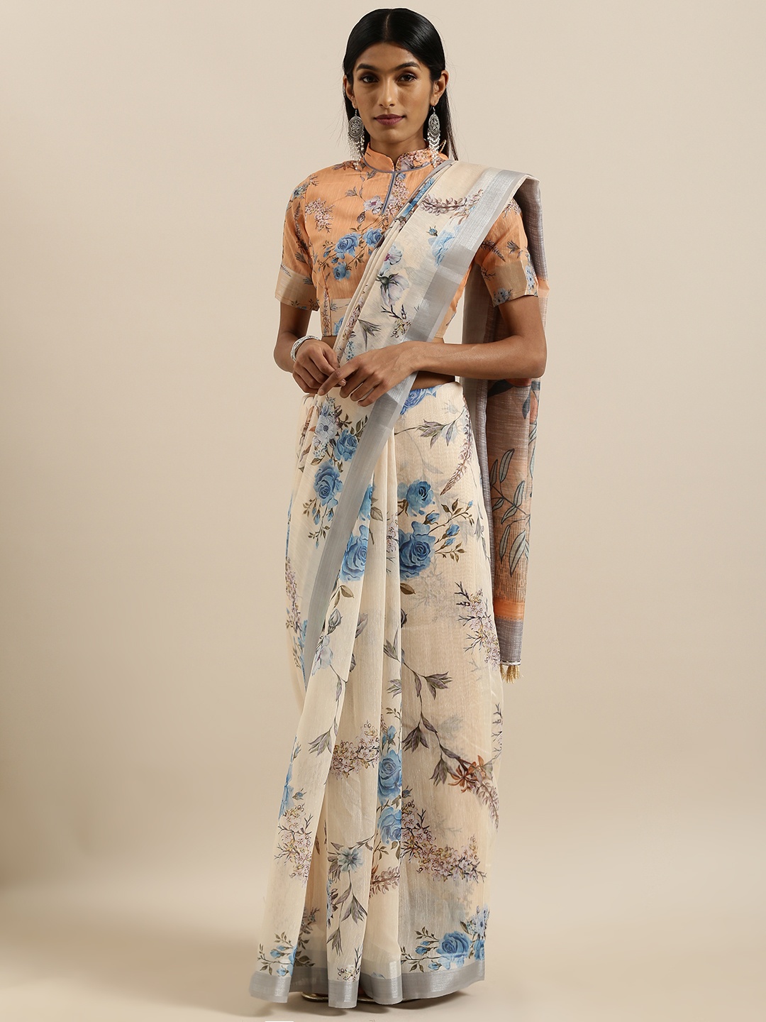 

SHAVYA Beige & Blue Linen Blend Digital Floral Printed Saree