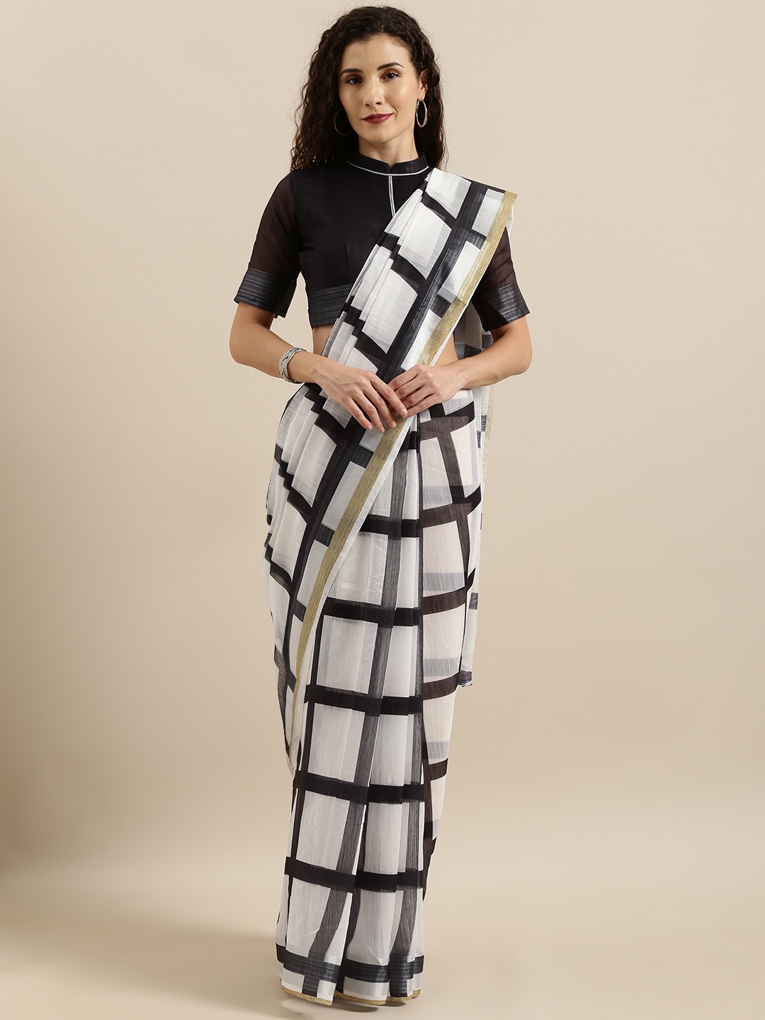 

SHAVYA White & Black Linen Blend Checked Saree