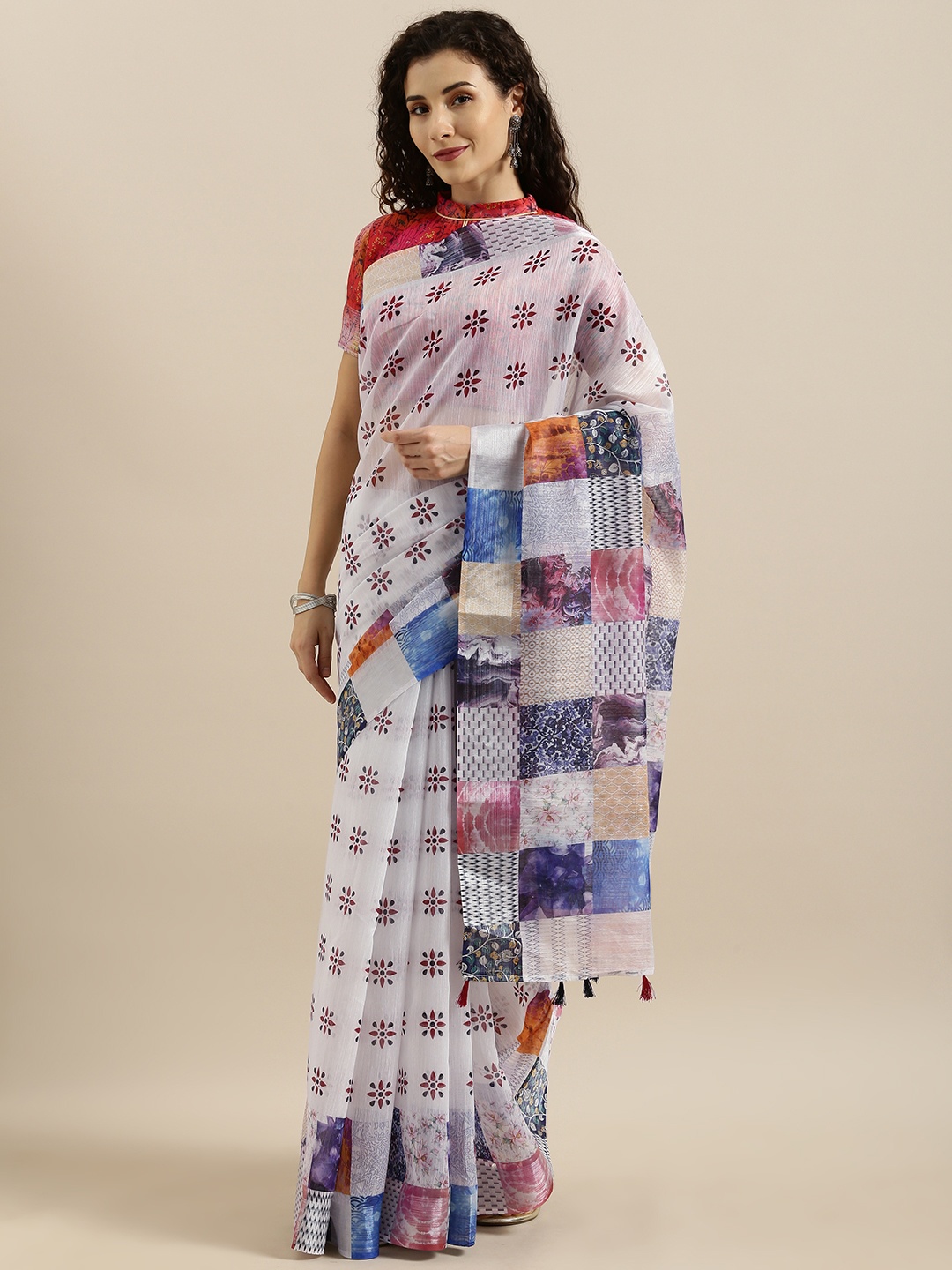 

SHAVYA White & Red Linen Blend Printed Saree