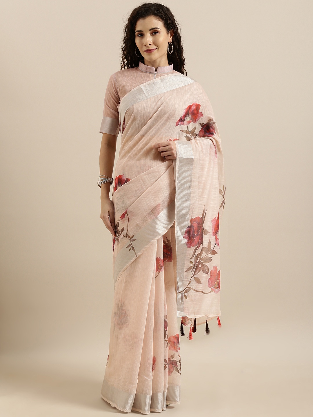 

SHAVYA Peach-Coloured & Red Linen Blend Digital Floral Printed Saree