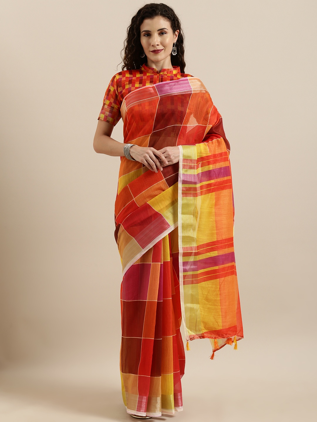 

SHAVYA Red & Yellow Checked Linen Blend Saree
