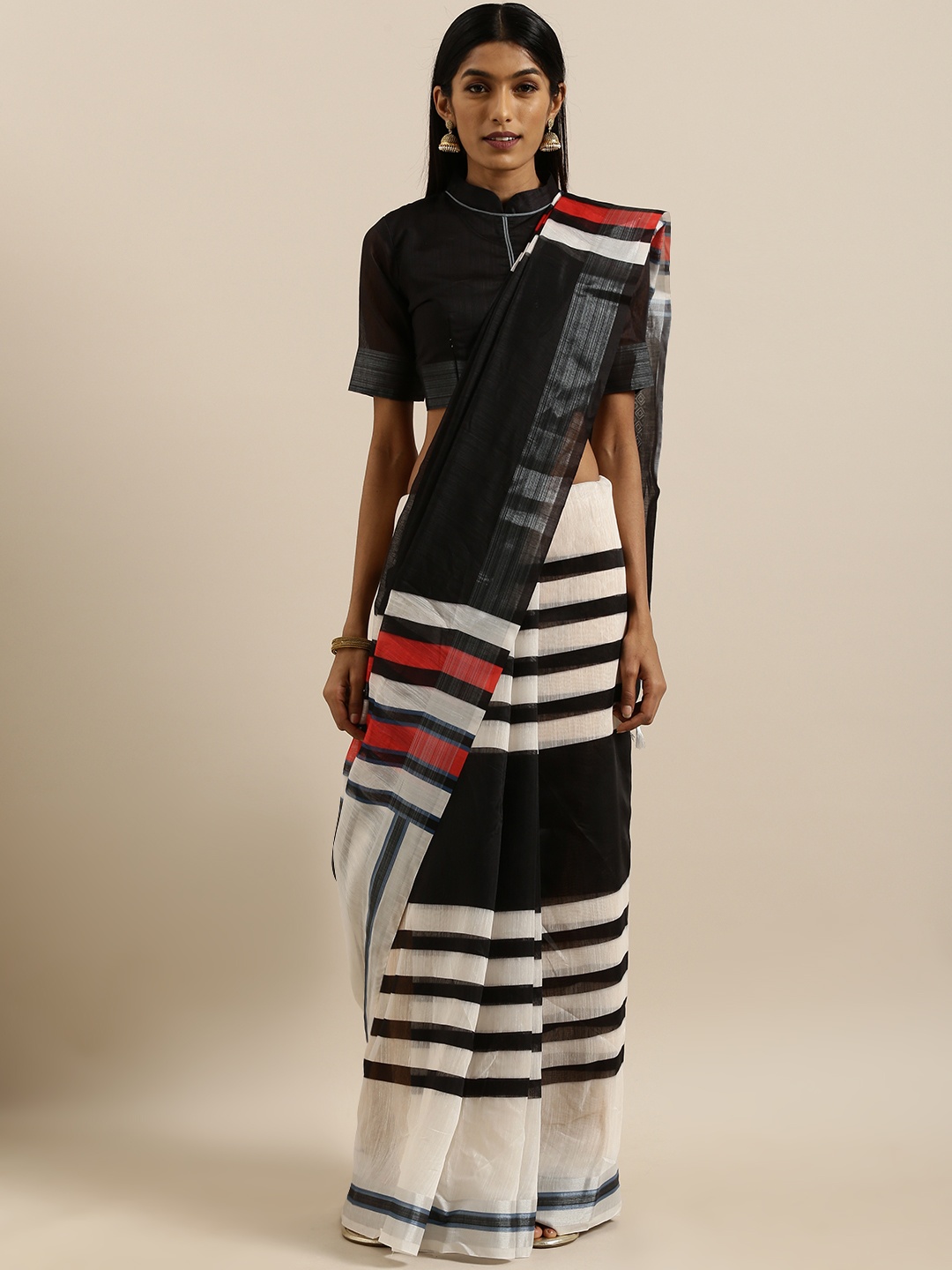 

SHAVYA Black & Off-White Linen Blend Striped Saree