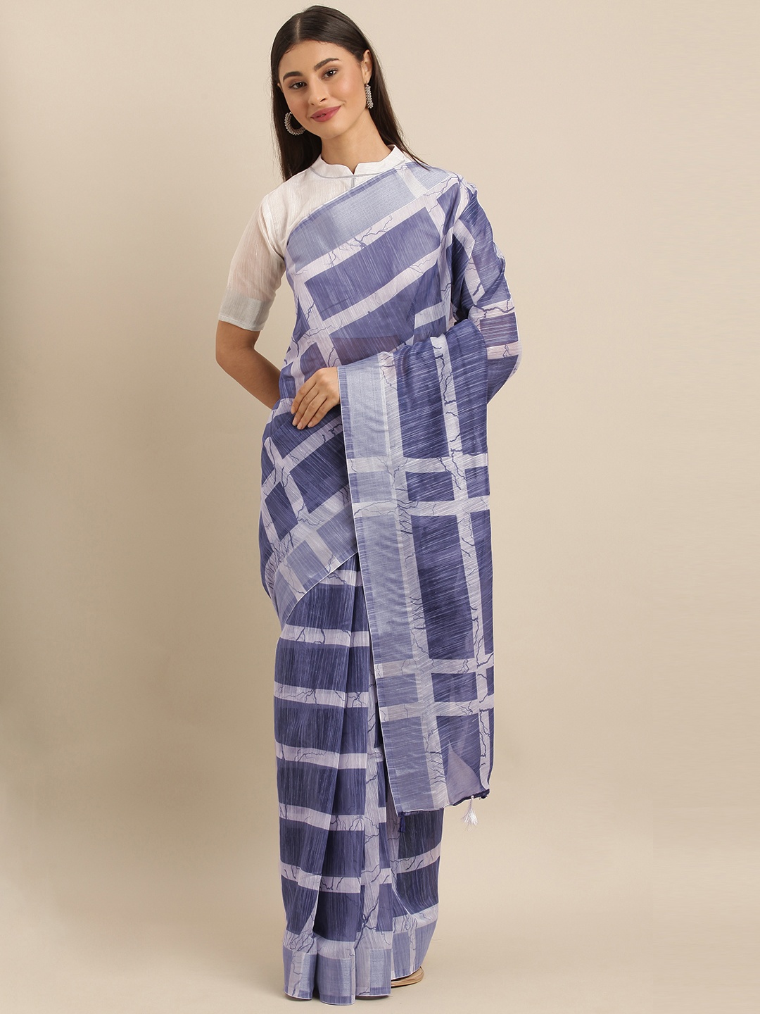 

SHAVYA Navy Blue & White Linen Blend Checked Saree