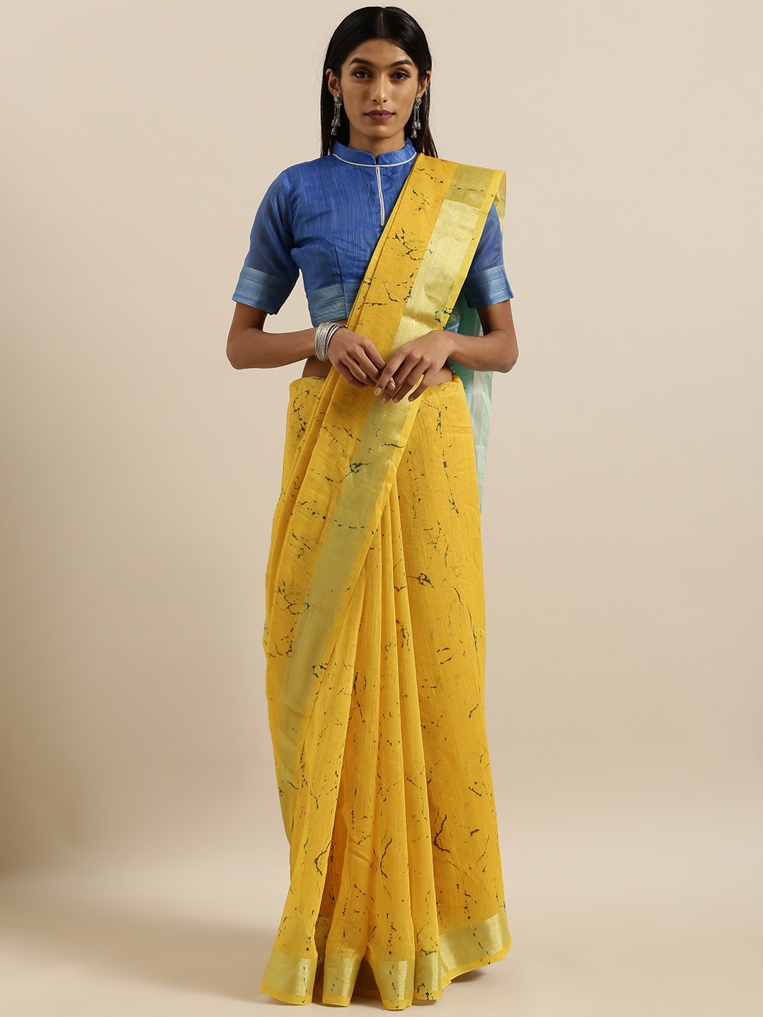 

SHAVYA Yellow & Blue Linen Blend Printed Saree