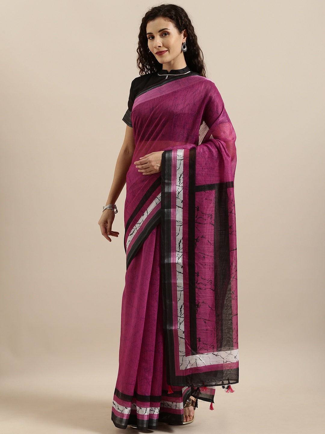 

SHAVYA Burgundy & Purple Linen Blend Printed Saree