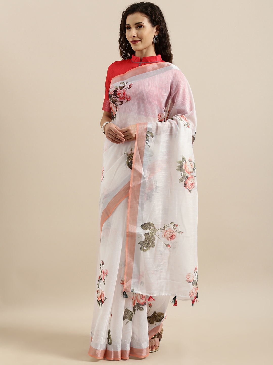 

SHAVYA White & Pink Linen Blend Digital Floral Printed Saree
