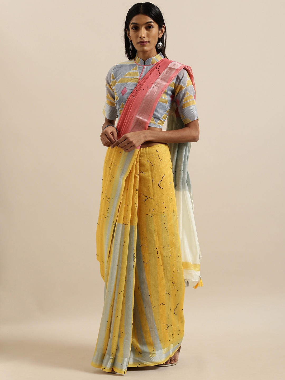 

SHAVYA Yellow & Grey Linen Blend Printed Saree