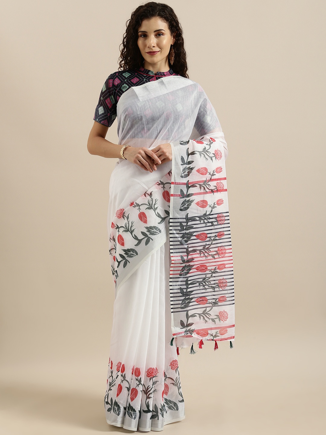 

SHAVYA White & Red Linen Blend Printed Saree