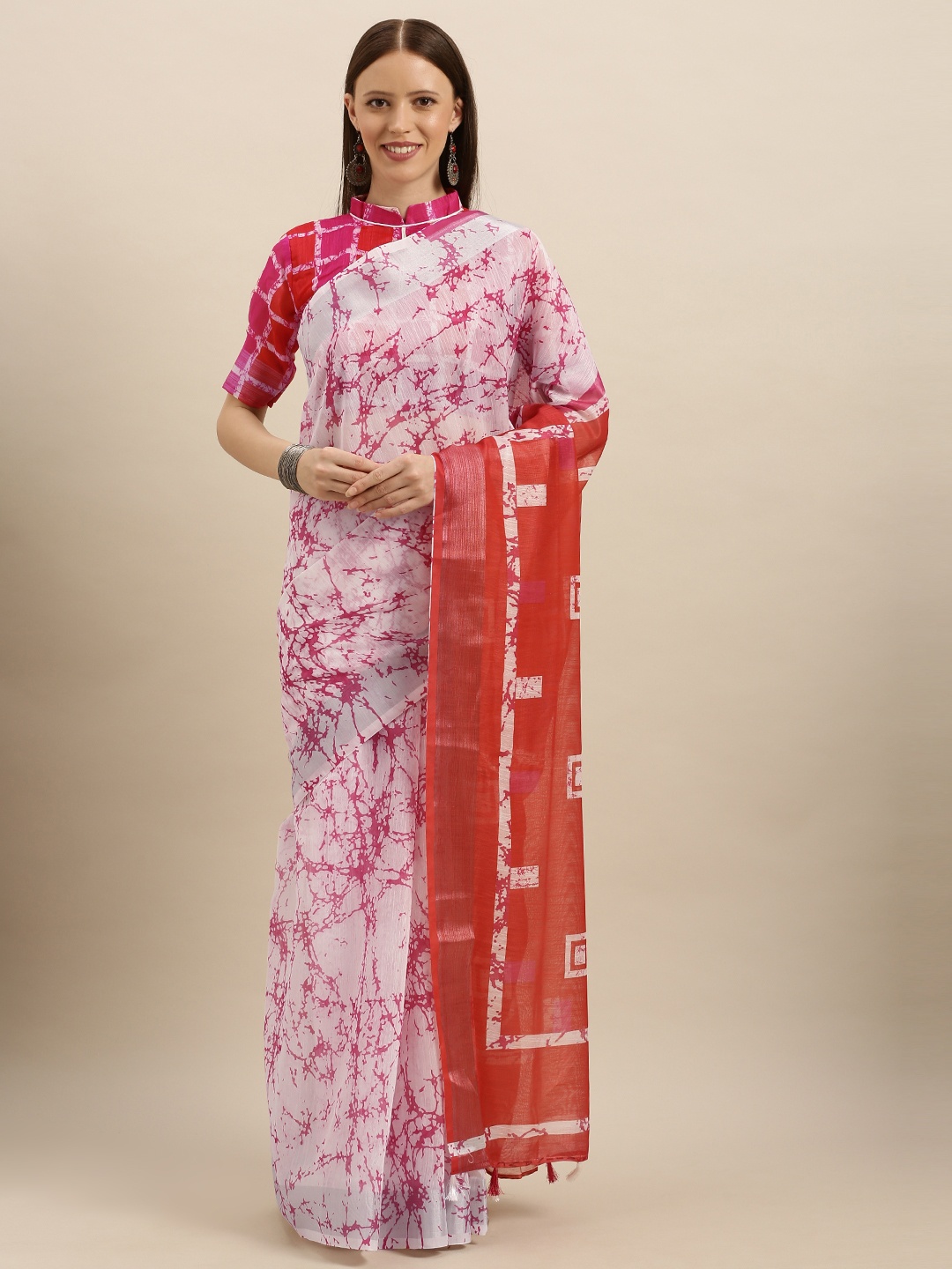 

SHAVYA Pink & White Linen Blend Printed Saree