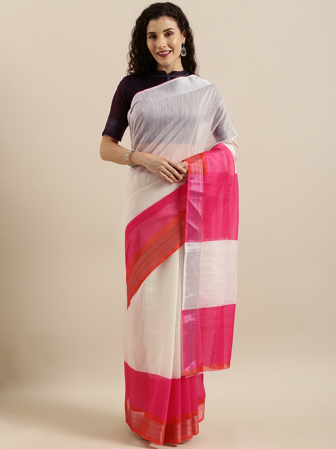 

SHAVYA White Linen Blend Solid Saree