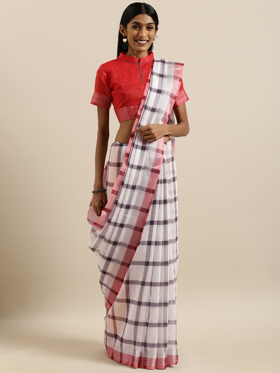 

SHAVYA White & Grey Linen Blend Checked Saree