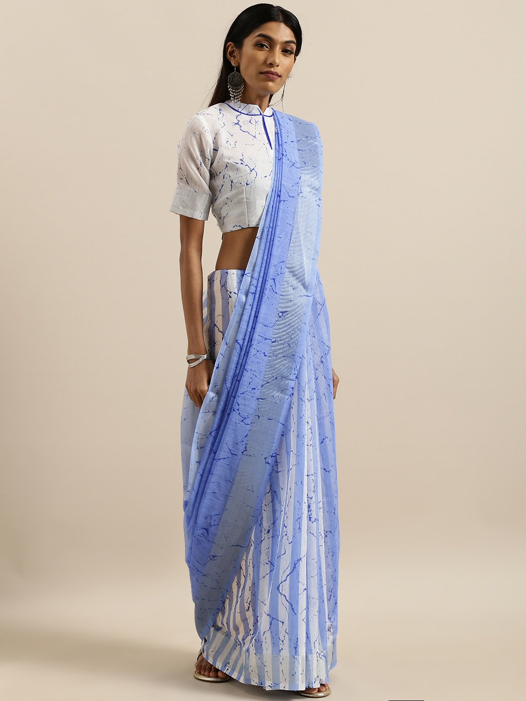 

SHAVYA Blue & White Linen Blend Striped Saree